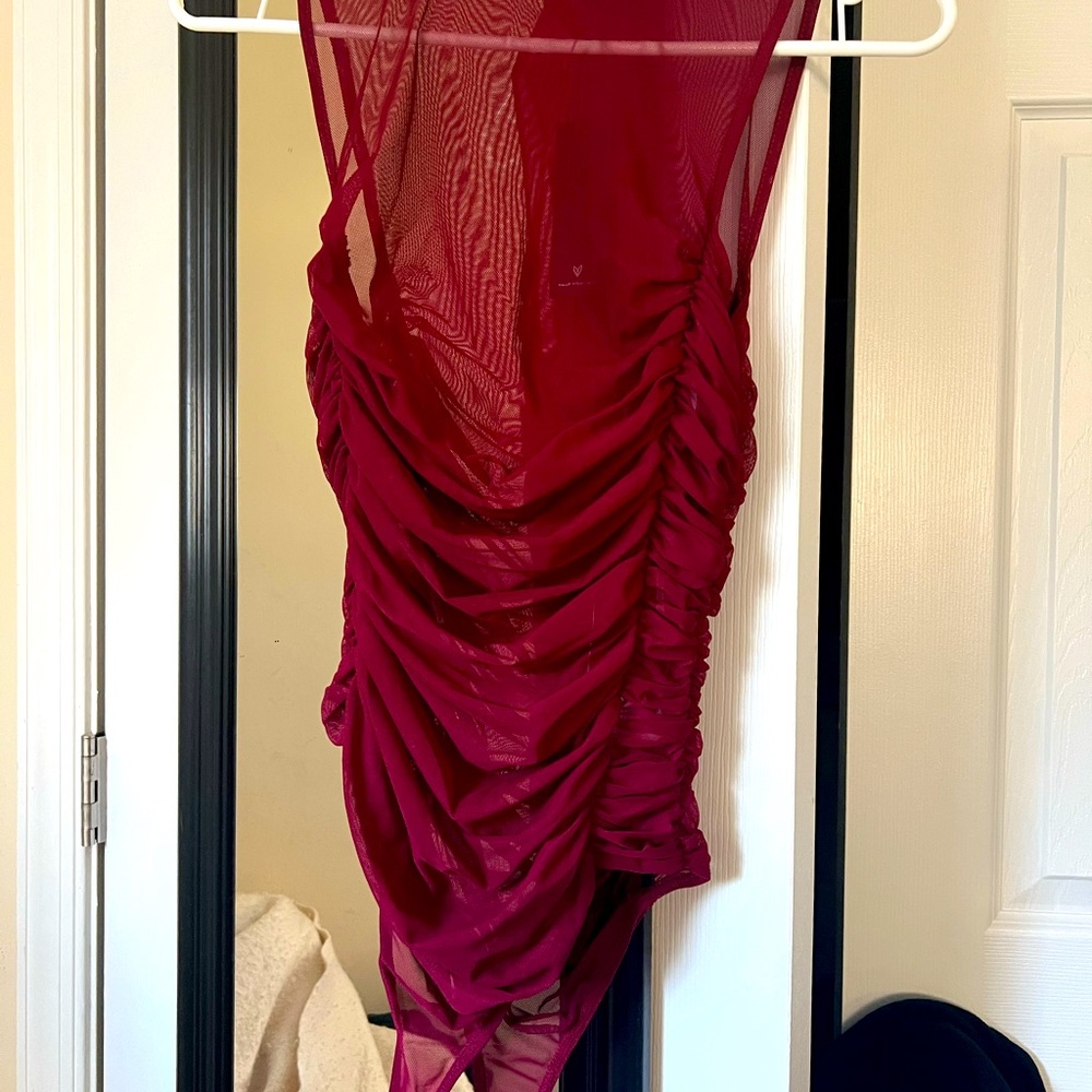Burgundy Ruched Mock Neck Sheer Mesh Bodysuit - Picture 1 of 2